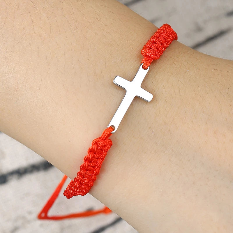 Simple Cross Black White Braided Rope Couple Bracelets Silver Color Adjustable Bracelet Christian Jewelry