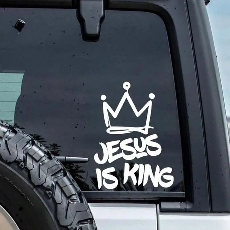 Bumper car sticker - Jesus is the King, with a crown design. This car sticker is water-resistant and sun-proof. It is suitable f
