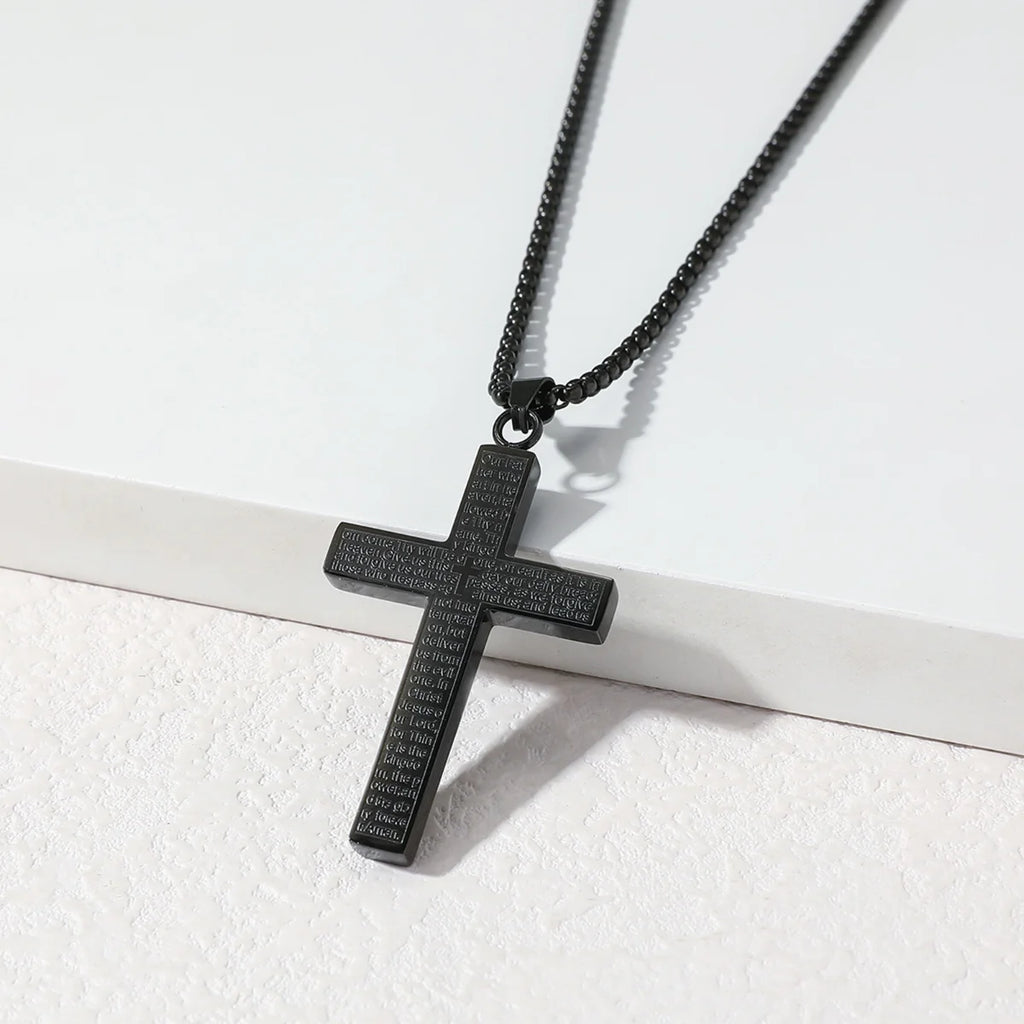 304 Stainless Steel Bible Verse Cross Pendant Necklace, Engraved with the Lord's Prayer, Christian Faith Chain Religious Baptism Gift