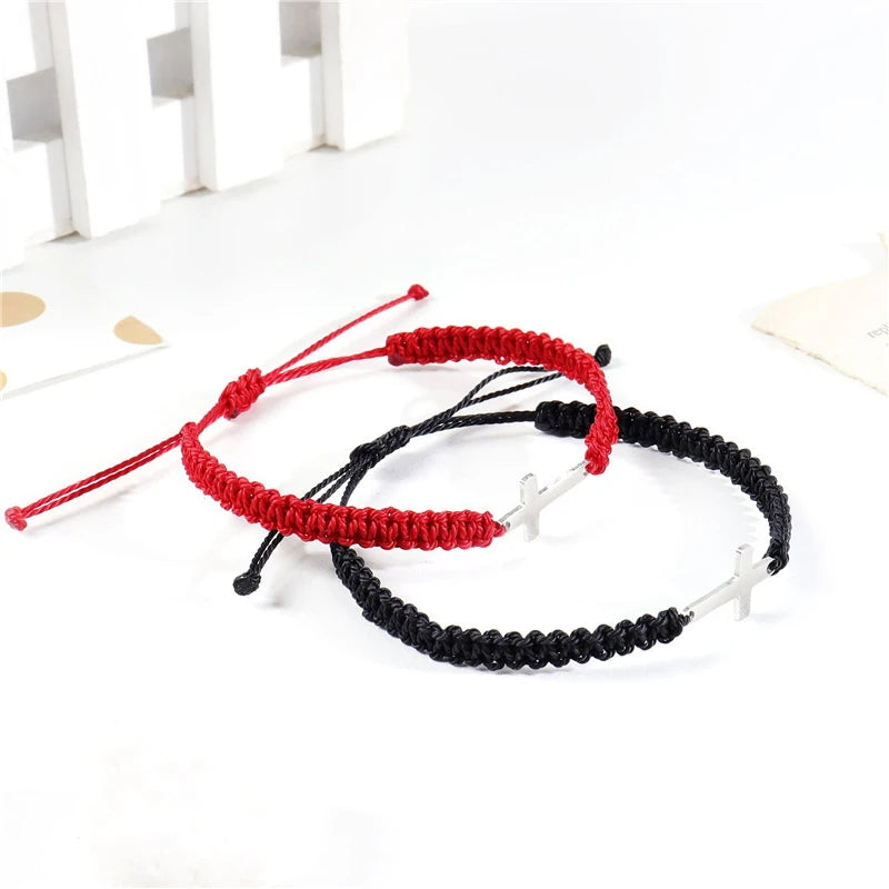 Simple Cross Black White Braided Rope Couple Bracelets Silver Color Adjustable Bracelet Christian Jewelry