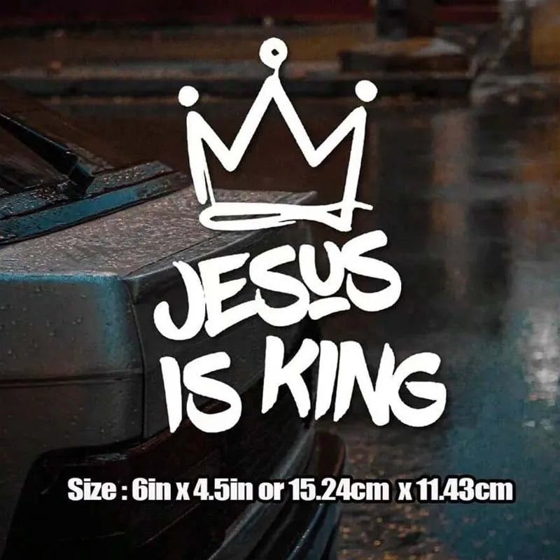 Bumper car sticker - Jesus is the King, with a crown design. This car sticker is water-resistant and sun-proof. It is suitable f