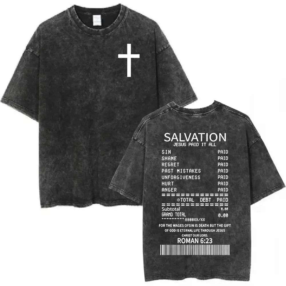 Salvation Jesus Paid It All Vintage Washed T Shirts Christian Bible Verse T-shirt Mens Women Fashion Oversized Cotton T-shirts