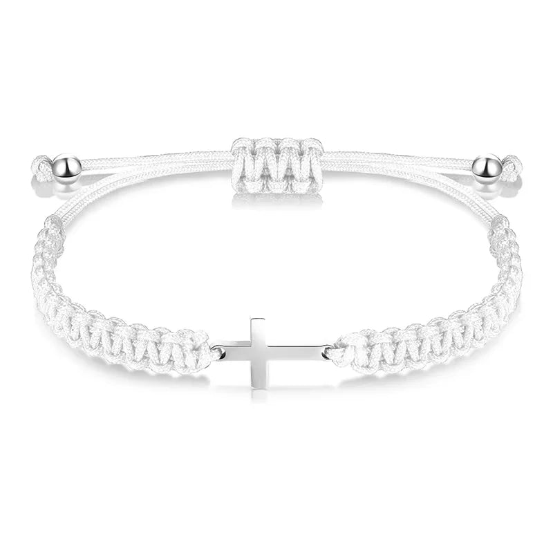 Simple Cross Black White Braided Rope Couple Bracelets Silver Color Adjustable Bracelet Christian Jewelry