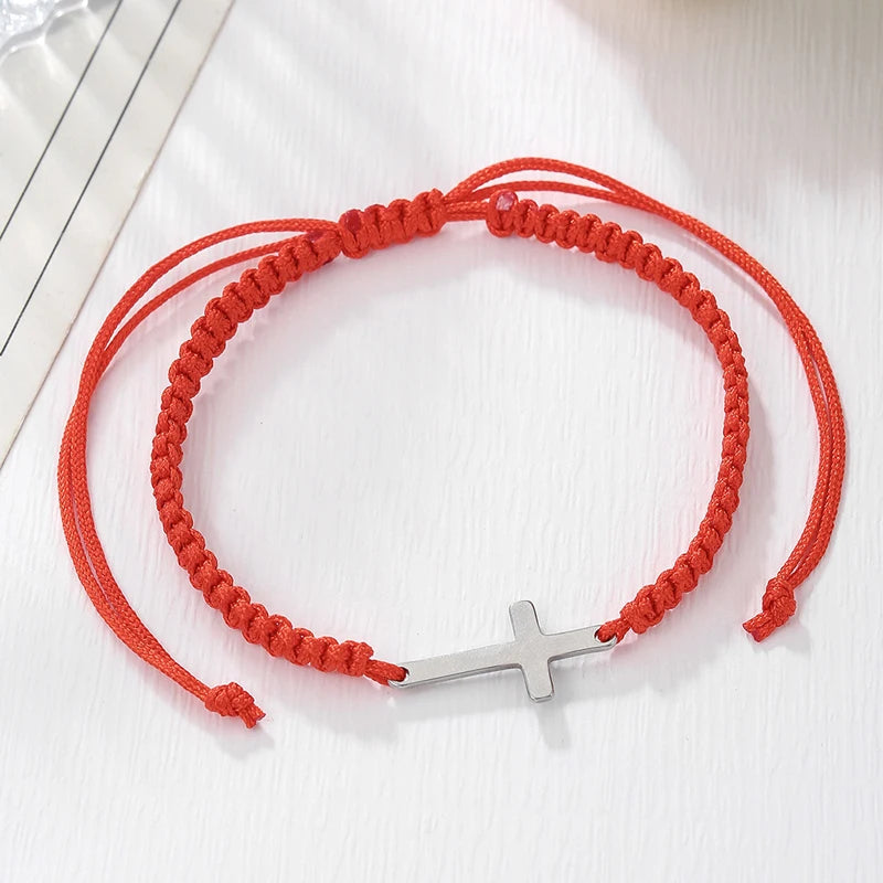 Simple Cross Black White Braided Rope Couple Bracelets Silver Color Adjustable Bracelet Christian Jewelry
