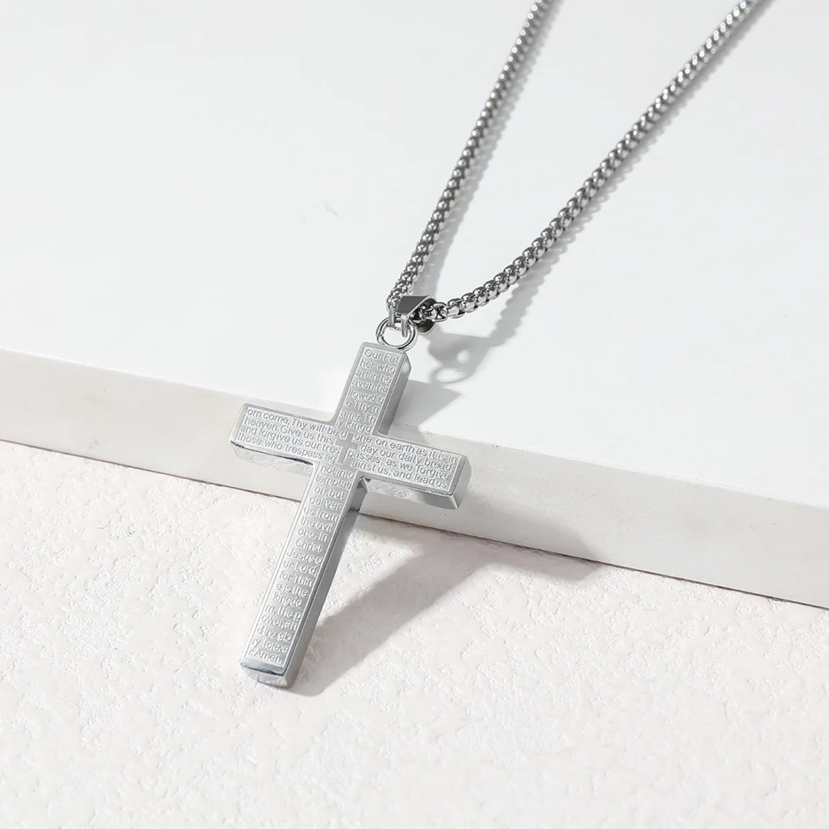 304 Stainless Steel Bible Verse Cross Pendant Necklace, Engraved with the Lord's Prayer, Christian Faith Chain Religious Baptism Gift